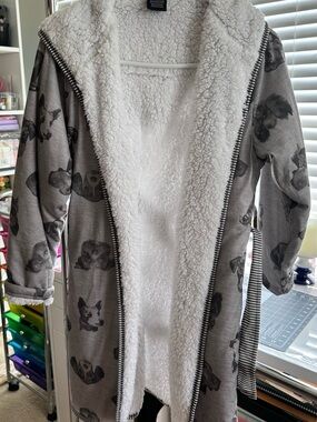 Kids Plush Lined Gray Dog Print Hooded Robe